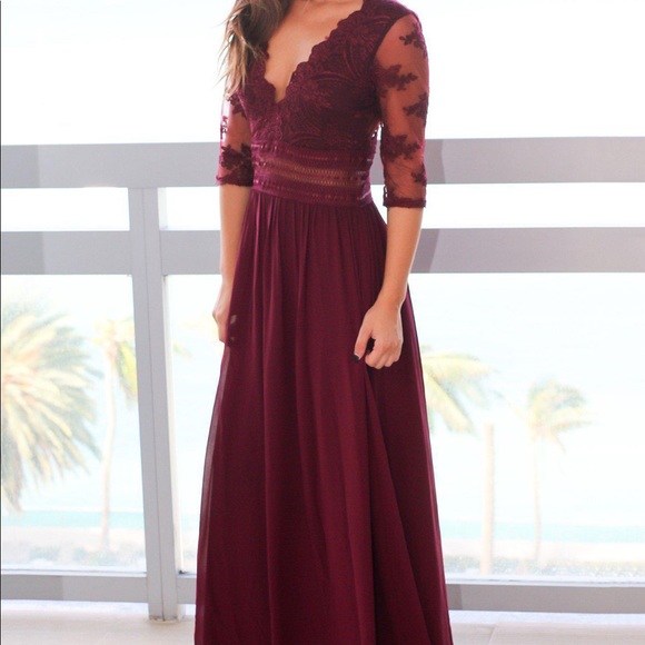 Saved By the Dress Dresses & Skirts - Wine V-Neck Maxi Dress w Mesh Embroidered Sleeves
